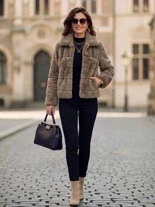 EMERY ROSE Mantel Bulu Imitasi Wanita Lengan Panjang Warna Polos dengan Kerah - Khaki - View 5