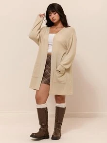 CovetEZ 秋冬款柔軟羅紋針織休閒大尺碼開襟外套 - 杏色 - 查看 3