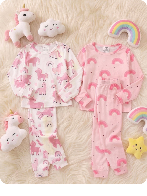 SHEIN Baby Mädchen süßes Cartoon Muster Langarm figurbetonte Loungewear Set 4 Teile
