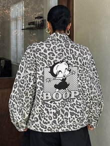 Betty Boop x DAZY Curve 豹紋全身花卉背部圖案寬鬆街頭休閒牛仔夾克 春秋款 - 灰色 - 查看 9