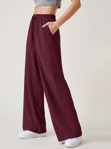 SHEIN BASICS Terry Fleece Wide Leg Drawstring Waist Pants Summer Outfit For Women - Burgundy - View 5
