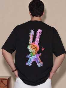 FROVYX Colorful Graffiti Art Rabbit Silhouette Short Sleeve T-Shirt, Artistic Contrast Color Graffiti Rabbit Loose Fit T-Shirt, Suitable For Weekend Friends Gatherings And Socializing, Ideal For Young People Seeking Personalized Expression, Loving Art Graffiti Style And Street Fashion Culture - Black - View 1