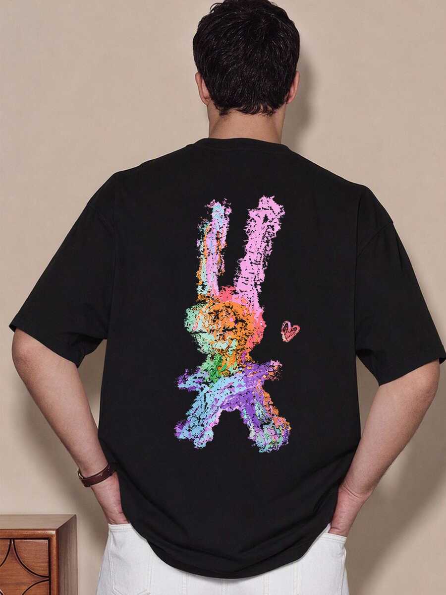 FROVYX Colorful Graffiti Art Rabbit Silhouette Short Sleeve T-Shirt, Artistic Contrast Color Graffiti Rabbit Loose Fit T-Shirt, Suitable For Weekend Friends Gatherings And Socializing, Ideal For Young People Seeking Personalized Expression, Loving Art Graffiti Style And Street Fashion Culture - Black - View 1