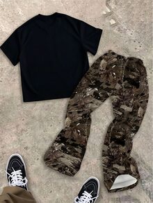 青少年男孩休閒舒適時尚極簡圓領短袖上衣與喇叭褲套裝 - 彩色 - 查看 2