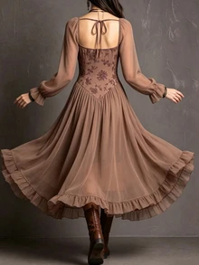 Glimmora Gaun Panjang Polos Bergaya Vintage untuk Wanita Musim Gugur/Dingin, dengan Hiasan Ruffle di Bagian Bawah dan Tali Jala di Belakang. - Coklat - View 4
