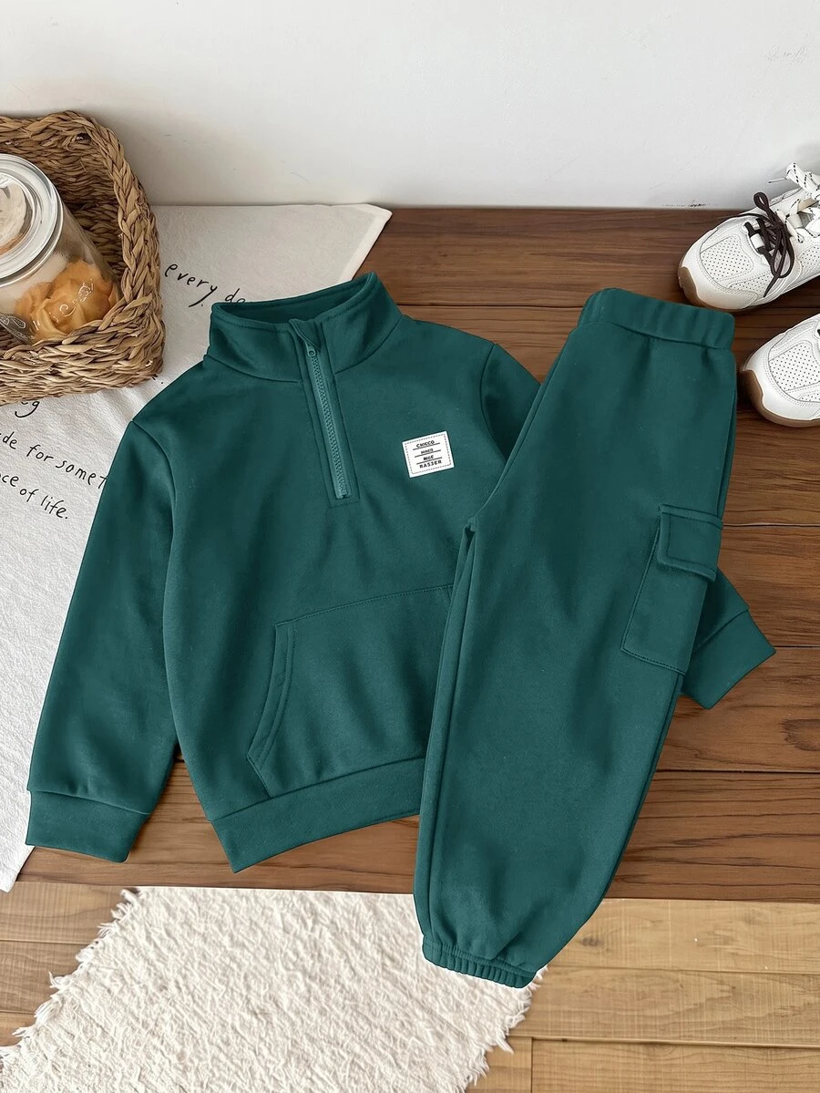 SHEIN 兒童 2件組小男孩休閒套裝-立領套頭連帽衛衣與保暖內裡秋季長褲,適合冬季、學校、返校季,舒適套裝 - 綠色 - 查看 1