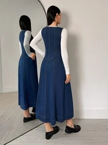Flexra Early Autumn French Casual Sleeveless Denim Dress, 3D Stitching V-Neck Waist-Cinching Button-Front Vest Dress, Layering Outerwear Slimming Versatile Daily Travel Artistic Style Denim Dress - Dark Wash - View 3