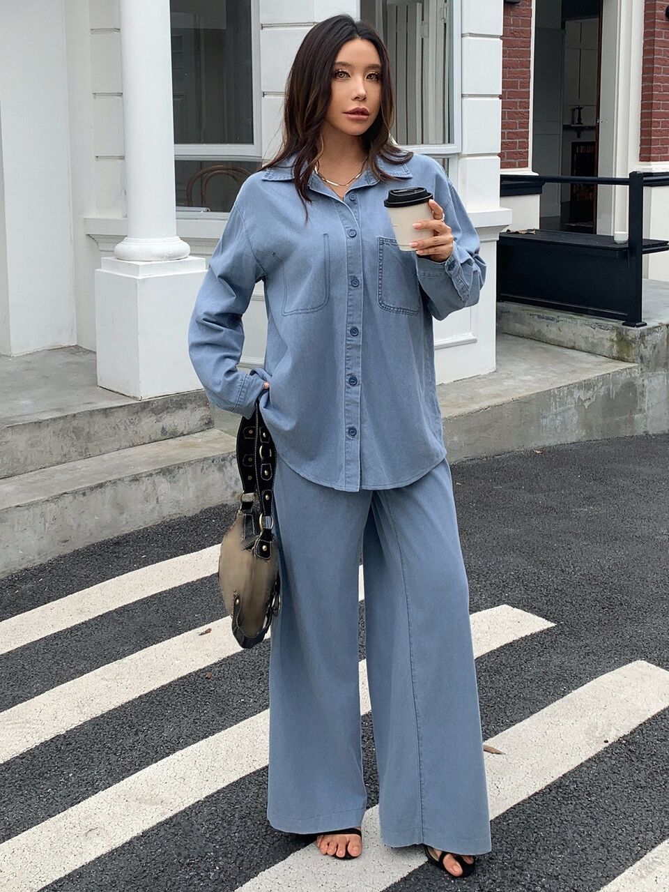 Women's Single-Breasted Long Sleeve Top And Long Pants Casual Everyday Denim Set