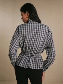 Poéselle Women Quiet French Classic Luxury Plaid Lightweight Jacket, Drawstring Waist Outerwear For Office,Women's Autumn Jacket White And Navy - Navy Blue - View 2