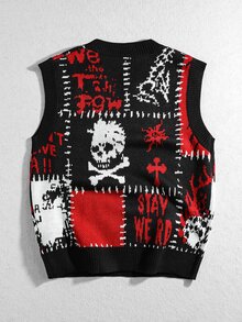ROMWE MEN Men's V-Neck Dark Cool Skull Personalized Knit Vest - Multicolor - View 2