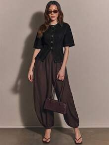 COSMINA Denim 女款短袖單排扣休閒牛仔襯衫 - 黑色 - 查看 3