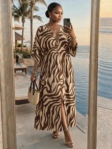 SHEIN Lady CURVE Plus Size Women's Vacation Zebra Print Ruffle Cold Shoulder Fashion Dress Ruffled Full-Skirt Tropical Vacation Outfit, Outdoor Wear Elegant Summer Fall - Green - View 5