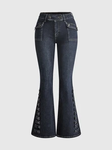 ROMWE Grunge Punk Napoleon Design Vintage Washed Low Waist Skinny Flare Jeans - Blue - View 1