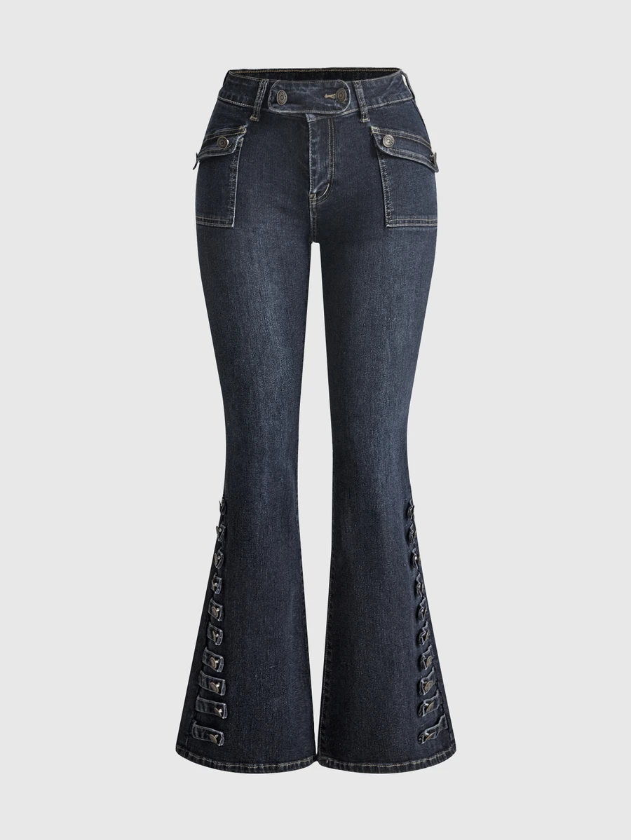 ROMWE Grunge Punk Napoleon Design Vintage Washed Low Waist Skinny Flare Jeans - Blue - View 1