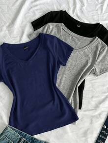 SHEIN EZwear 3件組女款夏季V領修身T恤，龐克次文化動漫純色基礎款短袖修身T恤 - 彩色 - 查看 4