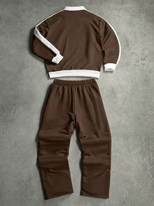 SHEIN 青少年男孩休閒舒適百搭拼色 Polo 領運動衫與長褲套裝 - 彩色 - 查看 2