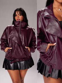 Rustia Plus Size Premium Street Style Cool Autumn New Loose Fit Versatile Fashion Motorcycle Leather Jacket - Red Violet - View 1