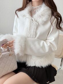 FRIFUL Women's Patchwork Fur Front Tie Long Sleeve Elegant Jacket - Beige - View 3