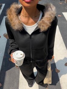 Muchica Black Knit Patchwork Wool Sweatshirt Casual Set, Women's Sports Zipper Set Suitable For Parties, Women's Office Wear, Christmas, New Year, Thanksgiving, Parties, Weddings, Graduation Ceremonies, Elegant, Outings, Dates, Elegant, Y2K, Graduation Ceremonies And More - Black - View 1
