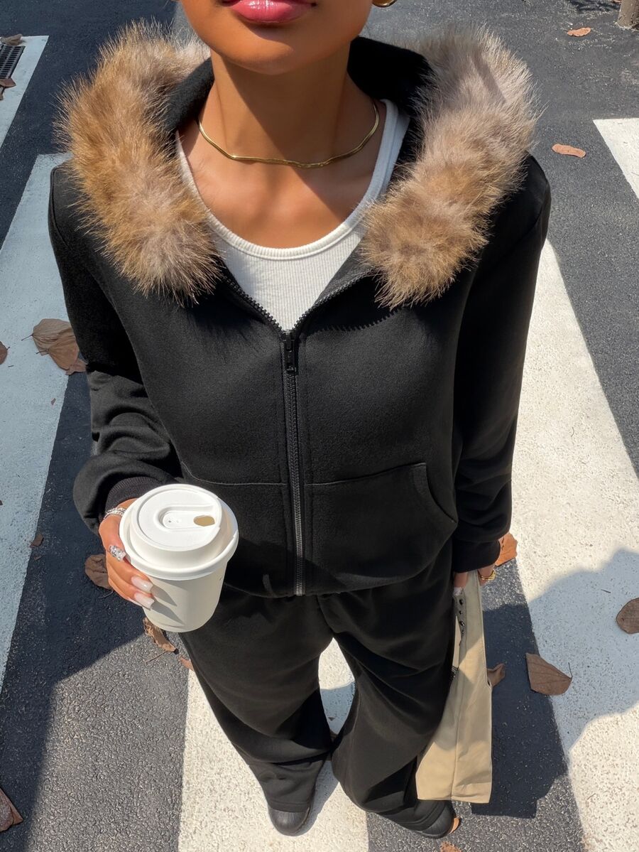 Muchica Black Knit Patchwork Wool Sweatshirt Casual Set, Women's Sports Zipper Set Suitable For Parties, Women's Office Wear, Christmas, New Year, Thanksgiving, Parties, Weddings, Graduation Ceremonies, Elegant, Outings, Dates, Elegant, Y2K, Graduation Ceremonies And More - Black - View 1