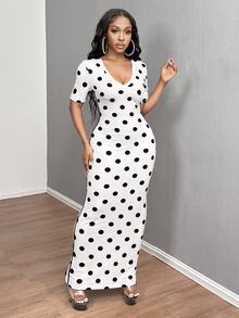 SHEIN SXY 女款純色V領緊身短袖洋裝 Hoco舞會禮服 - 黑與白 - 查看 7