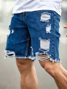 Slateforde Loose Fit Men's Cotton Ripped Frayed Raw Trim Denim Shorts - Medium Wash - View 5