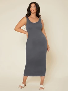 SHEIN BASICS 大尺碼純色緊身夏季女裝洋裝，優雅女款夏季穿搭洋裝 - 深灰色 - 查看 7