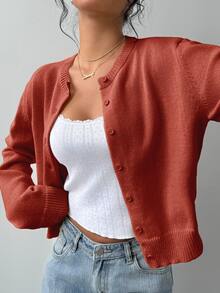 SHEIN BASICS 女款休閒純色圓領長袖寬鬆短版黑色針織開襟外套 冬季外套 - 鏽棕色 - 查看 6