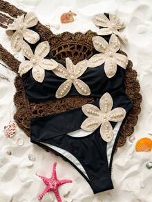 Bonvoyette Spring/Summer Girls Fashion Hot-Selling Viral Vacation Sexy Starfish & Pearl Decor Random Placement Two-Piece Bikini Set - Black - View 7