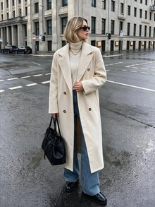 Struktiv Women's Autumn/Winter Fashion Long Solid Color H-Line Minimalist Double-Breasted Shoulder-Fit Wool Coat, Versatile For Date, Daily Commute, Party - Apricot - View 3