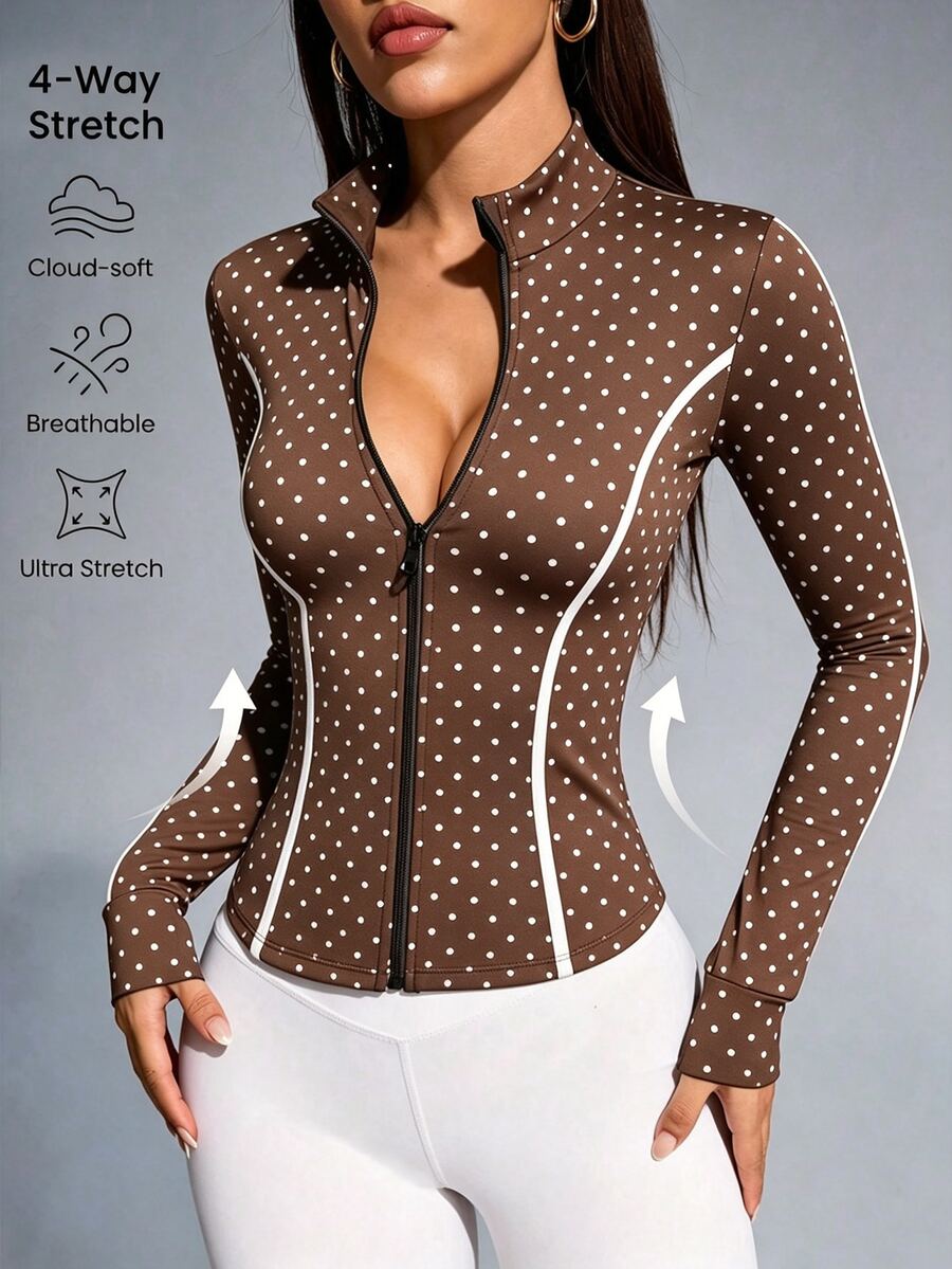 SHEIN Sovereign Charm 波點印花前拉鍊修身運動夾克 - 彩色 - 查看 1