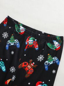 SHEIN 2件組兒童青少年男孩休閒日常舒適聖誕遊戲機印花圓領套頭睡衣上衣與長褲針織居家緊身套裝 - 黑色 - 查看 6