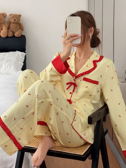 Napfluff Women's Spring/Autumn Thin Long Sleeve Cute Cherry Sweet Long Pajamas Loungewear