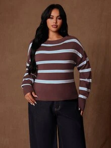 Rustia Plus Size Autumn/Winter Casual Colorblock Striped Sweater - Multicolor - View 3