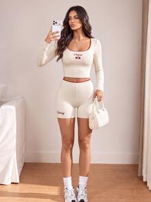 SHEIN Sovereign Charm Setelan 2 Potong Atasan dan Celana Pendek Olahraga Kasual Wanita - MultiWarna - View 4