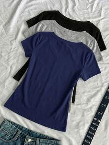 SHEIN EZwear 3件組女款夏季V領修身T恤，龐克次文化動漫純色基礎款短袖修身T恤 - 彩色 - 查看 2