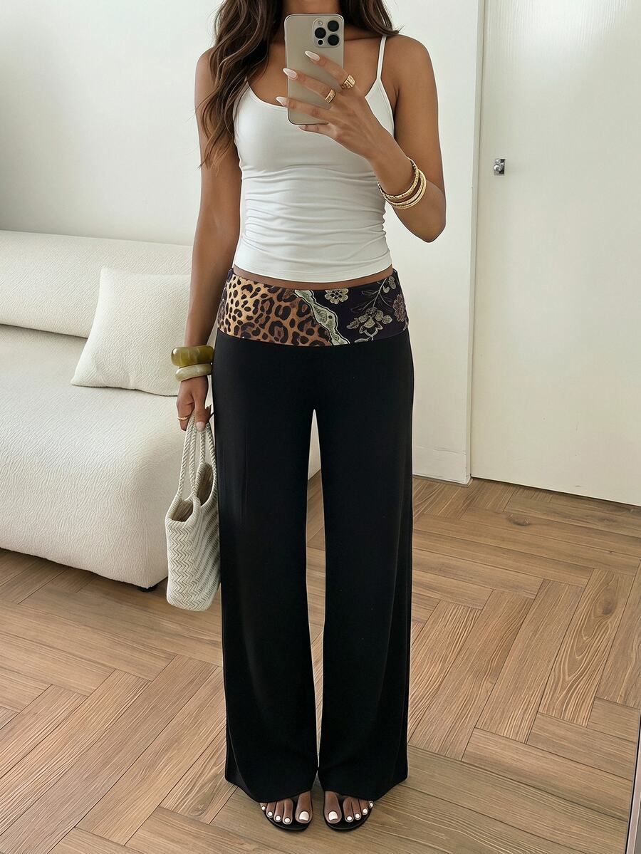 Aloruh 女款秋季新款黑色優雅性感休閒通勤約會晚餐簡約可愛時尚現代低腰對比色豹紋印花腰帶長褲 - 黑色 - 查看 1
