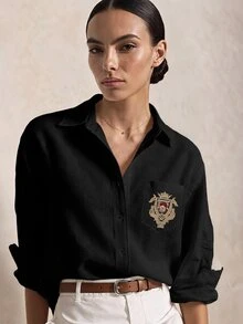 Briarwyn 女款刺繡時尚單排扣長袖上衣，適合日常穿著 - 黑色 - 查看 4