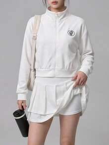 DAZY Women's Zip-Up Long Sleeve Jacket And Pleated Mini Skirt Sports Set Fall - White - View 8