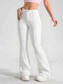 Jeanoix Celana Jeans Model Flare Ketat Seksi Stretch Putih Gaya Y2K untuk Wanita Ukuran Plus untuk Festival - Putih - View 4