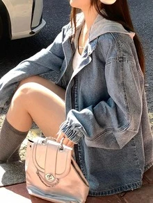 Dazy Plus Hooded Colorblock Korean Style Washed Denim Jacket And Outerwear, Spring/Autumn New Arrival For Girls - Medium Wash - View 5
