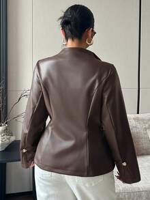 Livesso PU Leather Elegant Blogger Casual Waist-Cinching Spring/Autumn New Jacket - Brown - View 2
