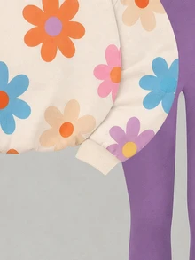SHEIN 兒童青少年女孩圓領休閒落肩秋季衛衣，花卉圖案 - 白色 - 查看 8