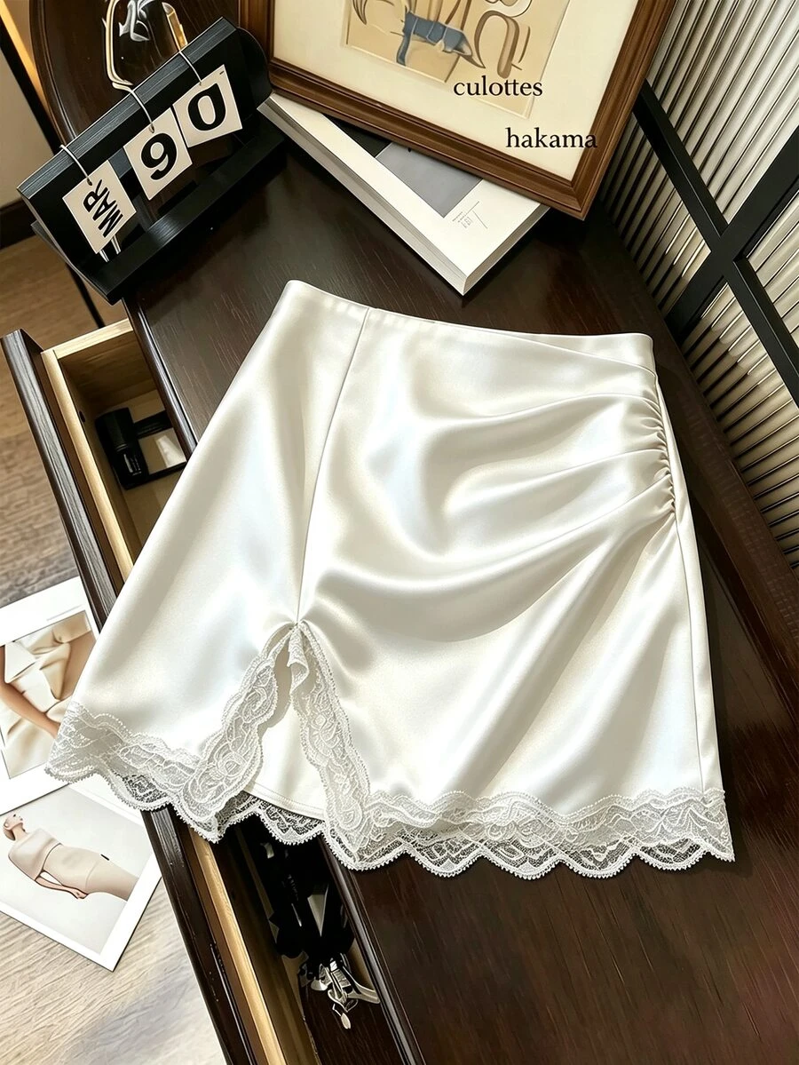 GlowEve CURVE Plus Size Women's Solid Color Contrast Lace Ruffle Split Hem Elegant Skirt Fall - White - View 1