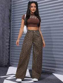 SHEIN PETITE بنطلون جينز بخصر عالي بدون تمدد بطبعة نمر ساق مستقيمة، شتاء - متعدد الألوان - مشاهدة 4