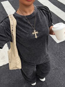 Muchica 大尺碼女款側條紋落肩袖T恤與長褲休閒套裝 - 黑色 - 查看 5