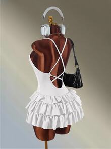 Amplova Ruffle Trim Backless Spaghetti Strap Sports Romper - White - View 7