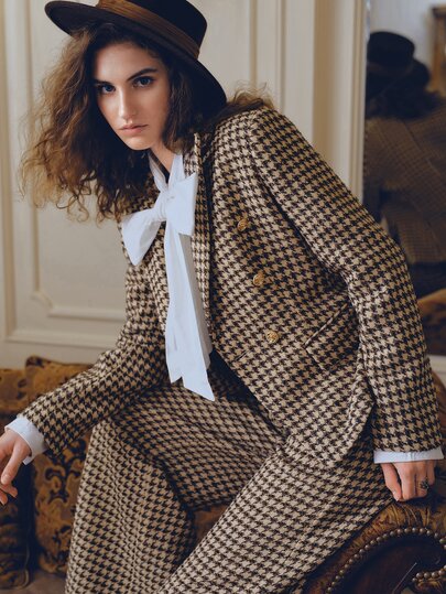 Anewsta Autumn/Winter New Commuter Vintage Classic Houndstooth Pattern Exquisite Metal Buckle Decor Long Sleeve Modern Fashion Elegant Women's Blazer