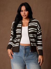 Rustia Plus Size Women's Striped Casual Versatile Everyday Cardigan Winter - Multicolor - View 3