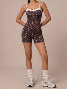 SHEIN BAE Women Brown Backless Cross Back Polka Dot Spaghetti Strap Athletic Romper Gym Workout Training Running Yoga Sports Bodysuit - Coffee Brown - View 4